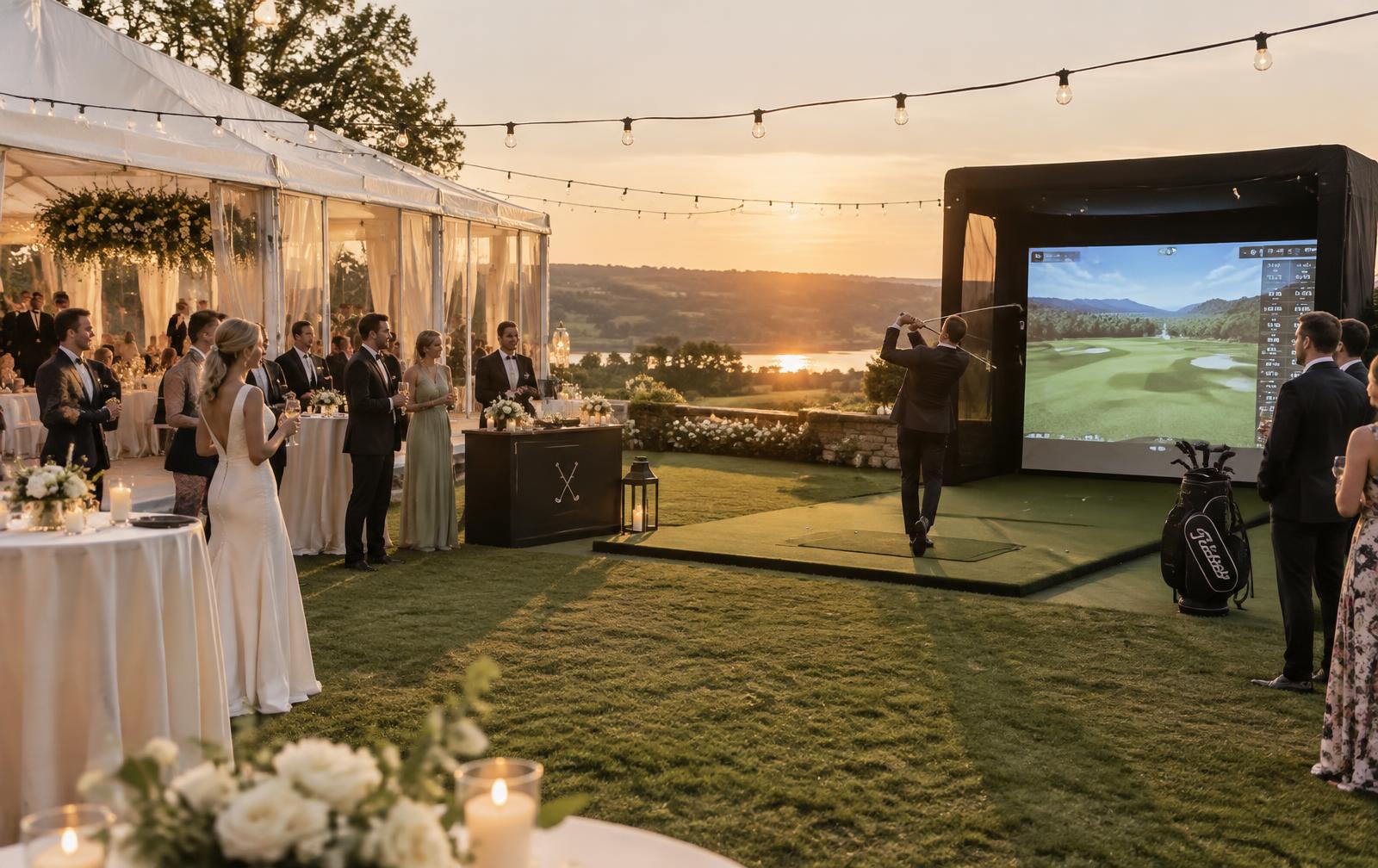 Wedding guests playing a styled Pop Golf simulator at a reception